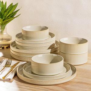 TheTerra Ceramic Dinnerware Sets for 4, 12 Pieces Porcelain Lightweight Speckled Plates and Bowls Sets, Scratch Resistant Dish Set, Oven & Microwave & Dishwasher Safe (Cappuccino)