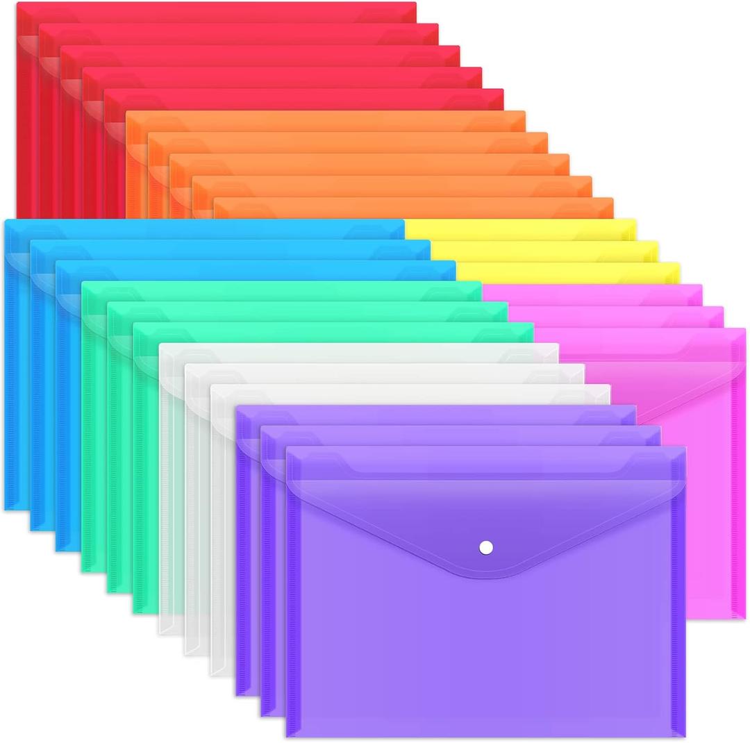 EOOUT 28pcs Plastic Envelopes, Plastic Folders for Documents, Poly Folders with Snap Closure, 8 Colors, A4 Size, Letter Size, for School and Office Supplies (Rainbow)