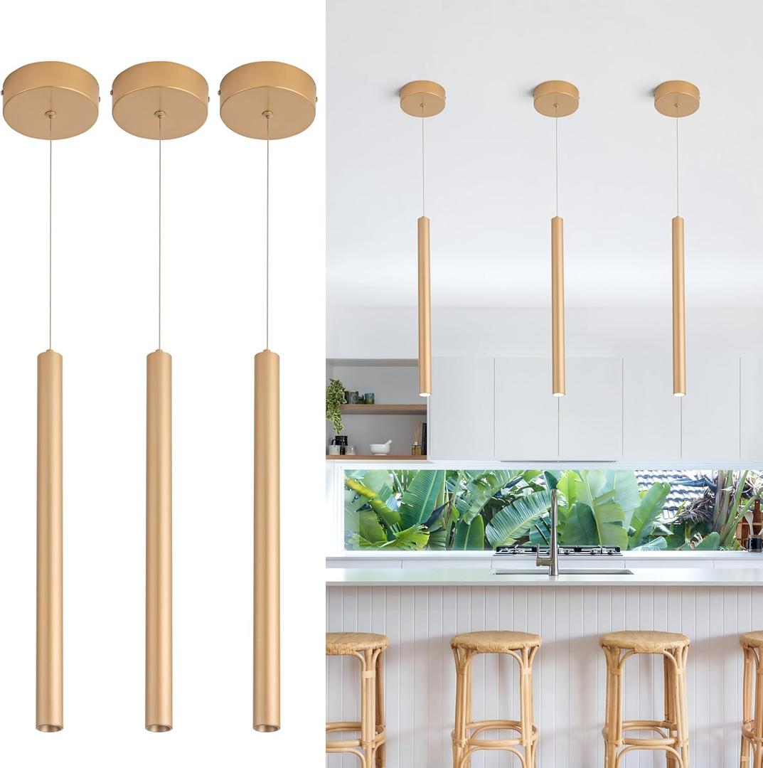 Pendant Lights Kitchen Island, Mini Pendant Lighting,3 Packs Light Modern Pendant Light, Pendant Light Fixtures Ceiling Hanging Lights for Kitchen Island Dining Room Bar Living Room 6000K Gold (LC-011-NC-B300-6W-GD)