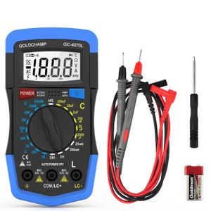 2000pF~200uF Capacitor Tester, 200~2000M0 0hm MeterCapacitance Meter, hFE Test Multimeter, Manual Range, Backlight, Auto Power Off, Testing Meter Tool (GC-4070L-BL)
