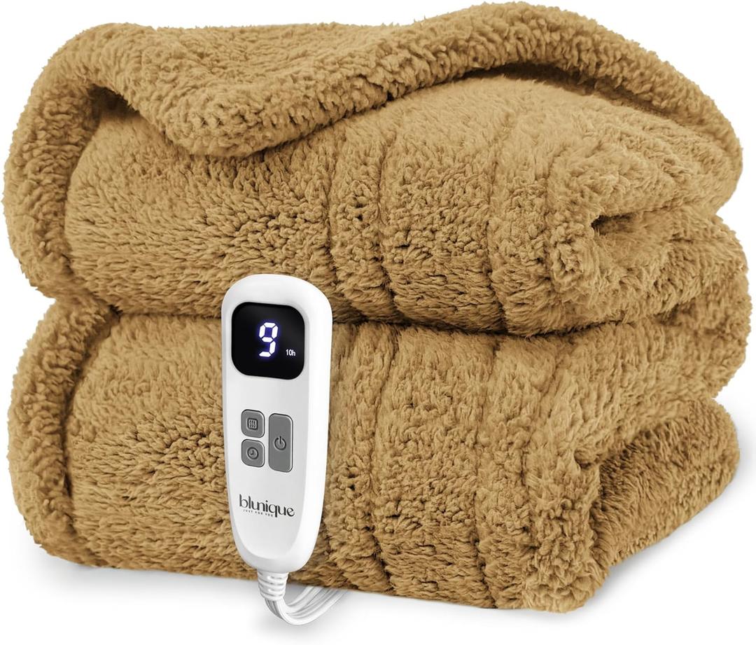 Heated Blanket Electric Blanket Throw - Fast Heating Blanket Throw Double Sided Sherpa Ultra Soft Cozy with 10 Heating Levels & 2-10 Hours Auto Off, Mashine Washable, 50 x 60 Inches, Camel