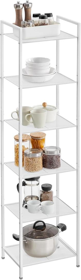 SONGMICS 6-Tier Storage Rack, Bathroom Shelf, Extendable Plant Stand with Adjustable Shelf, for Bathroom, Living Room, Balcony, Kitchen, Classic White UBSC036W01