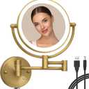 Brass Wall Mounted Makeup Mirror with Lights and Magnification, Rechargeable Lighted Magnifying Mirror Wall Mount with 1X and 5X, Brushed Antique Brass Bathroom Arts Ware