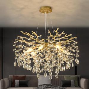 EGM Gold Crystal Chandelier, 24-Inch Modern Raindrop Light Fixtures 8-Light, Hanging Round Gold Dining Room Crystal Chandelier, Tree Branch Chandeliers for Bedroom Foyer E12