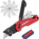 WORKPRO Folding Utility Knife, Quick Change Box Cutter, Razor Knife for Cartons, Cardboard, Boxes, Blade Storage in Aluminum Handle, 13 Extra Blades Included (Red)