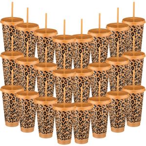 24 Pcs Cheetah Party Reusable Cups with Lid Straw 24 oz Plastic Drink Cups Tumblers Bulk for Themed Party Favor Birthday Gifts Supplies Decorations