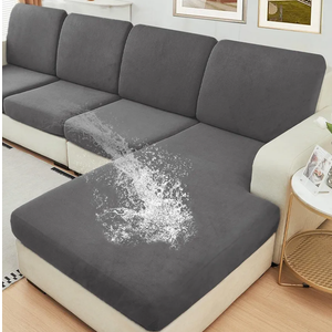 NAISI Waterproof Couch Cushion Covers Thick Velvet Fabric Washable Sofa Slipcovers Sectional Couch Covers for 4 Pieces Separate L Shape Couch Cover with Elastic Bottom(3 Seater + 1 Chaise,Grey