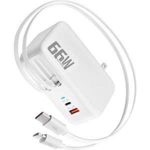 66W 4 in 1 Retractable Wall Charger,USB Type C Fast Charger for iPhone 17 Travel Charger for Multiple Devices,Fast Charging Block for Mac Book Pro/Air,M1 M2 M3 M4 M5, iPad Pro,Galaxy,Pixel