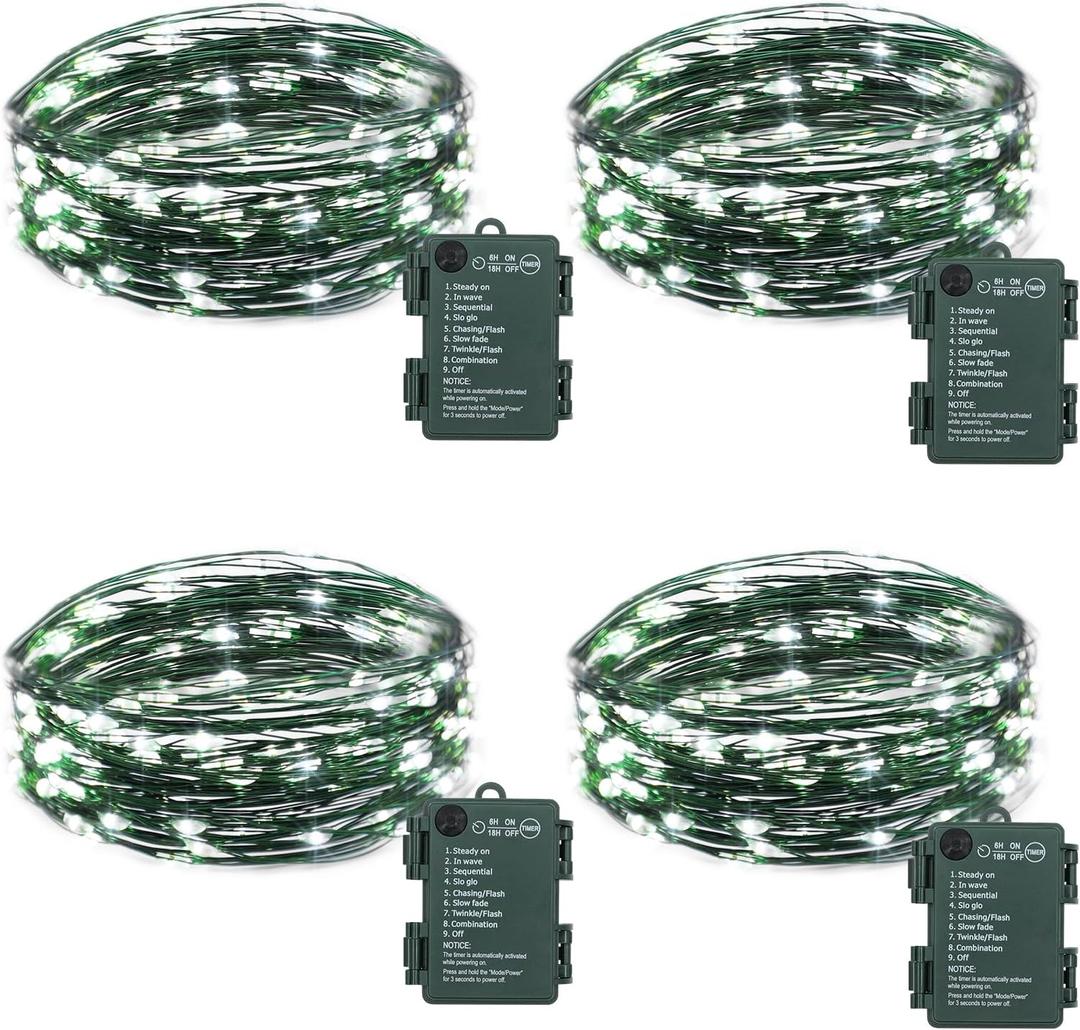 4 Pack Fairy Lights Battery Operated, 16.4 Ft 50 LED Starry Fairy Lights with Auto Timer Dark Green Copper Wire Twinkle Lights IP65 Waterproof for Wedding Bedroom Christmas (Cool White)
