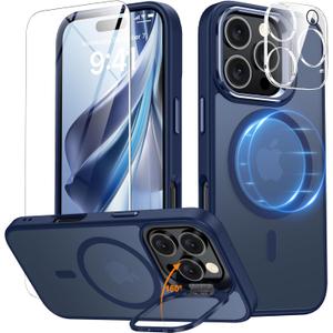 Magnetic & Stand for iPhone 16 Pro Case with 9H Screen & Lens Protector[Fit for Magsafe][Metal Kickstand][Colorful Frame] Translucent Matte Back Skin-Touch Case for iPhone 16 Pro Blue