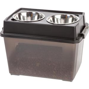 IRIS USA 2-in-1 Elevated Dog Bowls 6" H with Airtight Pet Food Storage Container Holds Up to 47 Lbs, Removable 4 Thick 16 oz Stainless Steel Bowls, at Home or Camping Pet Dish Bowl Set, Smoke/Black (Large - 15"H)