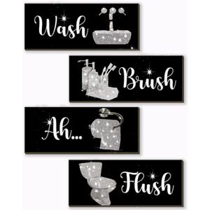 4 Pcs Silver Bathroom Decor Silver And Black Wall Decor Large Wooden Bathroom Accessories Modern Funny Glitter Decoration Set for Home Toilet (14x5.5 Inch)