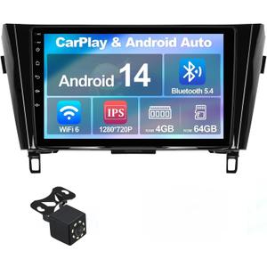 4+64G 10.1-inch Android 14 Car Stereo for Nissan Rogue X-Trail Qashqai 2014-2018 IPS Touchscreen Screen Car Radio with WiFi 6 Carplay & Android Auto Support Backup Camera GPS FM Navi Bluetooth 5.4 SWC