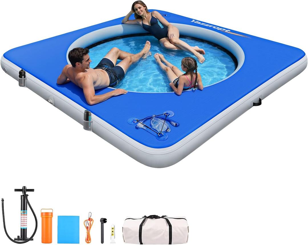 Yazzropy Inflatable Water Hammock for Adults, 8 FT Floating Dock Platform, Square Outside Ring Inside Lake Floats for Adults, Pool River Beach Float Island Raft with Rope, Handles, Storage Pockets (2)
