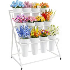 Putros Flower Bar Stand with 12 Buckets, Flower Cart with Wheels, White | Metal 3 Layers Flower Display Stand, Moving Florist Bouquet Shelf for Indoor Outdoor Patio Garden Party Decor