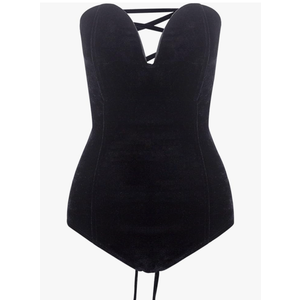 Women Strapless Velvet Bodysuit Back Lace Up Jumpsuit,Sexy Bodysuit Top Playboy Bunny Halloween Costume (L)
