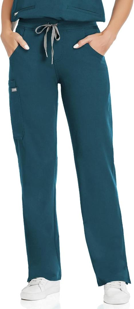 COMENII Scrubs for Women, Knit Yoga Waistband Straight Leg Cargo Pants, Classic Fit Womens Scrubs Pants (XS, Caribbean Blue)