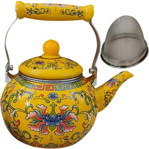 Enamel Tea Kettle with Ceramic Handle and Infuser 2.2L Water Kettle Coffee Pot Classic Floral Tea Kettle Steel Teapot for Stovetop Induction Cooker No Whistling Yellow (2.3 Quarts)