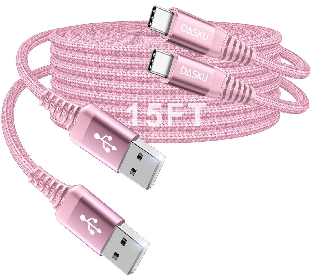 USB to USB C Cable [15FT 2Pack], Long USB C Cable 3A Fast Charging, USBA to USBC Cable Nylon Braided Durable USB to C Cable for iPhone 17 16 15 Pro Max/16e, Galaxy S25 S24 S23 S22 Plus and More-Pink