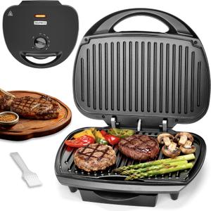 SugarWhisk Family-sized Contact Grill, 6-Serving Electric Indoor Grill with Adjustable Temp Control, Ceramic Coating, 1500W, Graphite