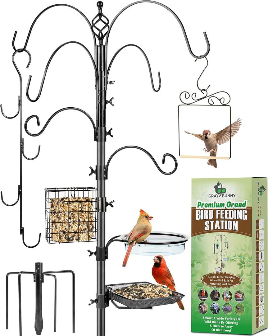 Gray Bunny Bird Feeder Stand for Outside, 6-Hooks, 91" Bird Feeder Station, Multi Pole Kit with Bird Bath, Mesh Tray, Suet Cage, Hummingbird Swing, & Fat Ball Hanger, 5-Prong Base