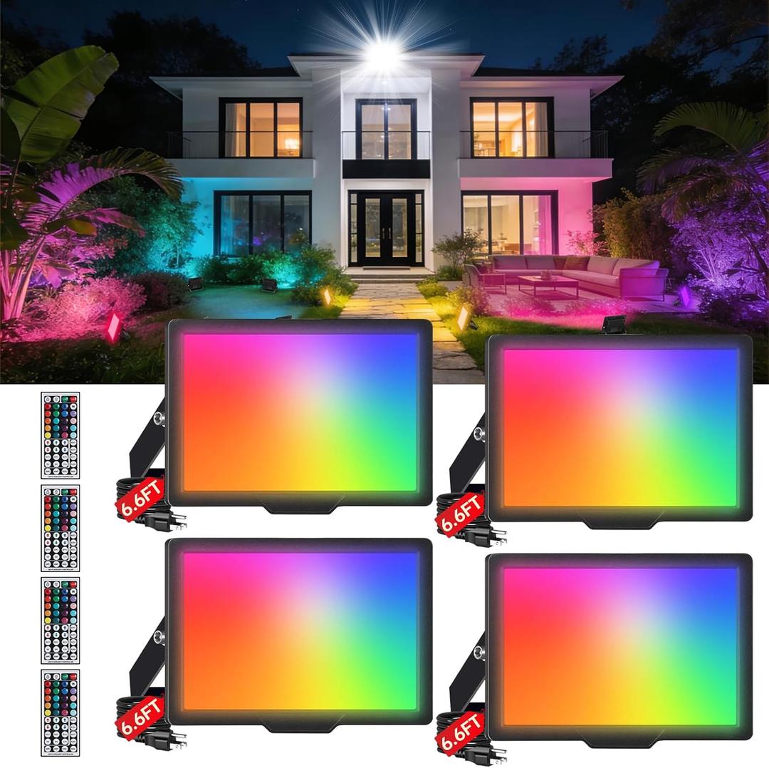 50W LED Flood Light Outdoor with Remote 4 Pack, RGB 5000K Daylight Color Changing Christmas Floodlight, Dimmable Timing IP66 Waterproof Landscape Light, DIY RGBW Uplight for Halloween Stage Party