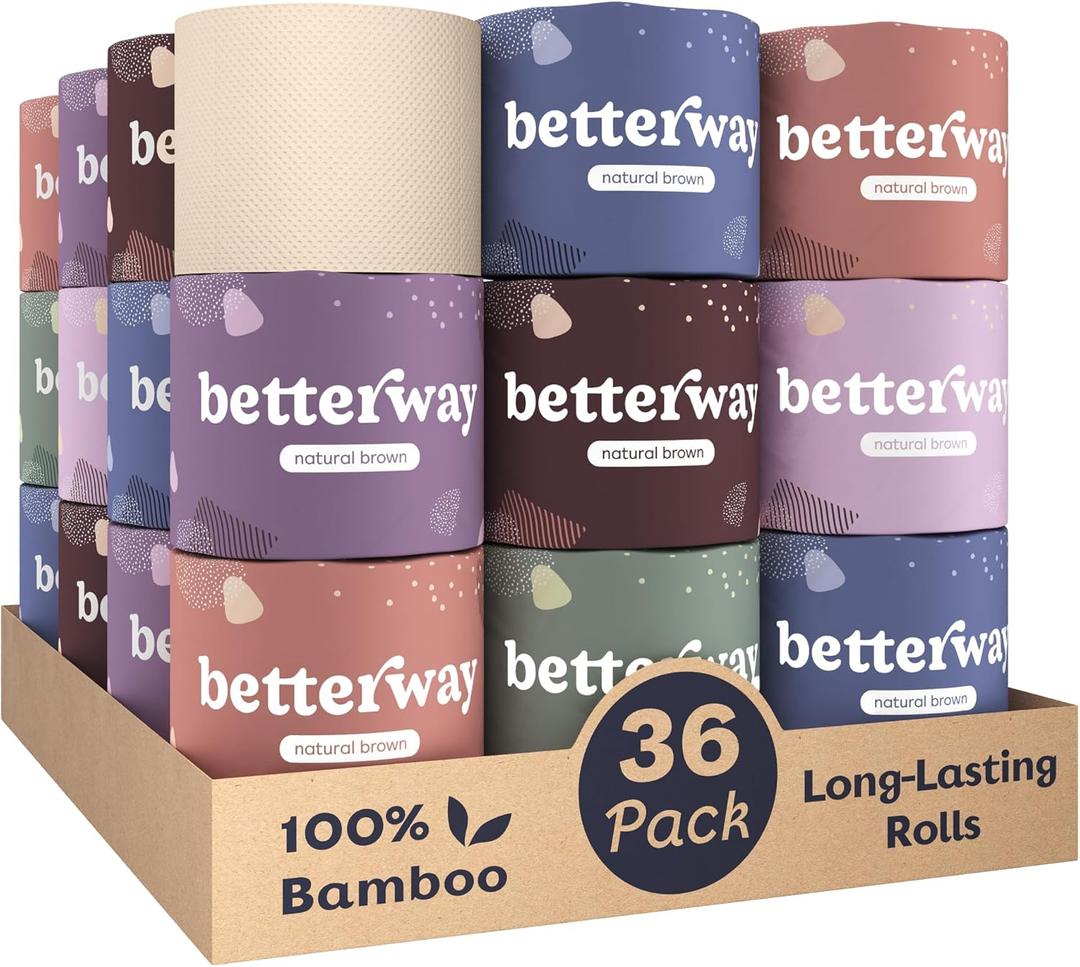 Betterway Unbleached Bamboo Toilet Paper Rolls - Eco-Friendly 3 Ply Toilet Tissue - 36 Long-Lasting Rolls - 360 Sheets/Roll - Organic, FSC Certified, Septic Safe TP - Lint-Free, PFAS-Free Bath Tissue (Brown)