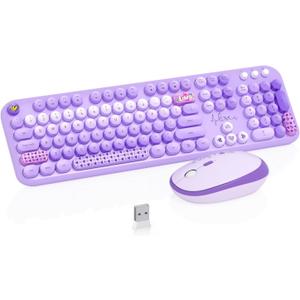 Wireless Keyboard and Mouse Combo, 104 Keys Cute Colorful Keyboard and Mouse with Retro Typewriter for PC/Mac/Laptop/Tablet/Computer/Windows Microsoft, Purple