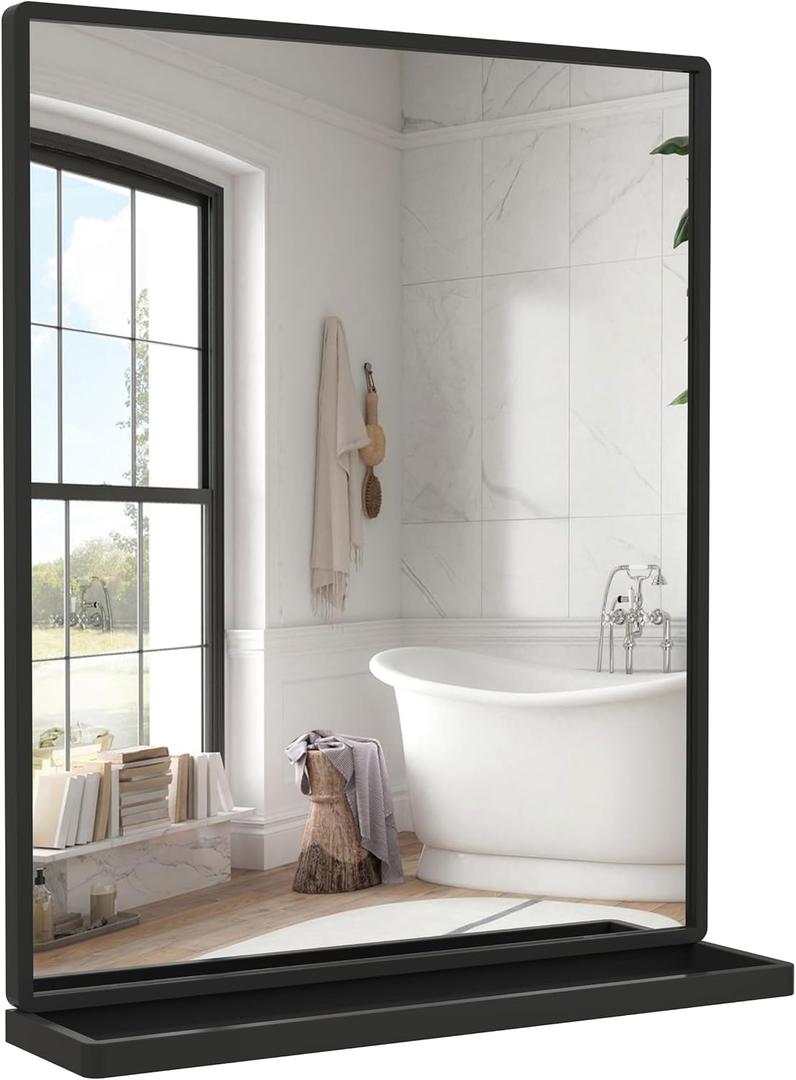 Bathroom Mirror with Shelf, Black Rectangle Wall Mirror Metal Frame, Hanging Horizontal or Vertical (24'' X 20'')