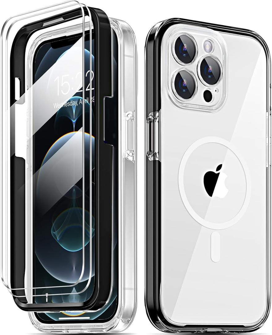 COOLQO Magnetic for iPhone 13 Pro Case with Screen Protectors, Compatible with MagSafe, Military Grade Drop Protection, Dual Layer Design Heavy Duty Protective Shockproof Phone Case, Black