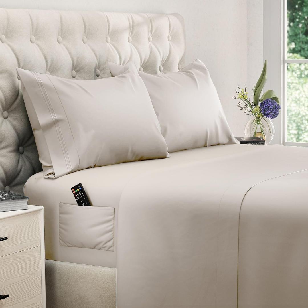 DREAMCARE King Size Sheets Set  4 pcs Cooling Sheets  up to 21 Deep Pocket King Sheet Set  Hotel Luxury Sheets & Pillowcases  Superior Softness 100% Microfiber with Side Pocket - Beige