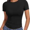 AUTOMET Womens Crew Neck Short Sleeve Basic Stretchy Slim Fit T-Shirt 2026 | Versatile Y2K style summer crop tops, perfect for business casual or athletic gym workouts (XS)