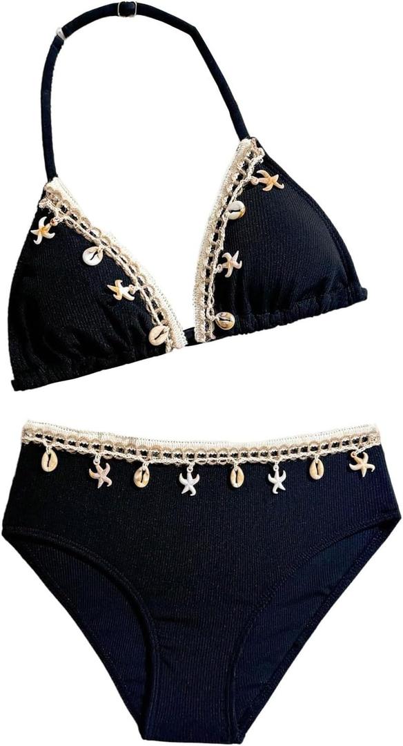 OYOANGLE Girl's Two Piece Braided Shell Trim Bikini Sets Halter Triangle Top High Waist Hipster Swimsuits (Black)