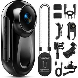 Mini Body Camera 1080P, 512G Thumb Vlogging Cam Hands-Free Recording, Action Camera with 360 Rotate Clip&Magnetic Clip, Wearable Video Recorder for Traveling/Motorcycle(SD Card Not Included) Black