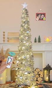 SINTENILL 6 FT Pop Up Christmas Tree with 100 LED Timer Lights & Remote, Silver Collapsible Christmas Tinsel Tree Artificial Pencil Tree Xmas Decoration for Holiday Home Office Party, USB Powered