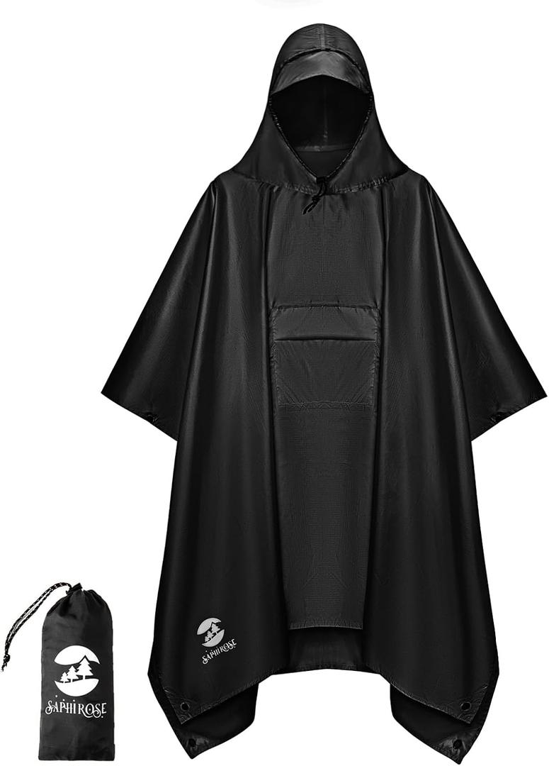 SaphiRose Extra Thick Hooded Rain Poncho Double Layer Waterproof Raincoat Jacket for Men Women Adults (Black)