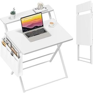 GreenForest Folding Desk for Small Spaces, 31.5 inch Foldable Table with Storage Bag, 2-Tier Portable Computer Desk with Monitor Stand for Home Bedroom, Pure White