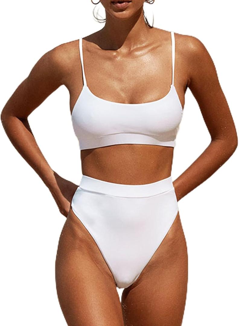 MELYUM High Waisted Bikini Sets for Women Two Piece Swimsuit Tummy Control Bathing Suit Cheeky Bottoms Push Up Top (Medium, White)