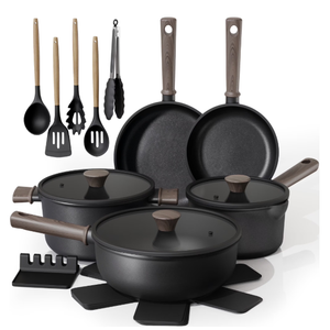 Astercook Non Stick Pots and Pans Set, Healthy NonToxic Titanium Induction Kitchen Cookware Sets for Cooking with Frying Pans, PFAS/PTFE/PFOA & PFOS Free, Black, 19 Pcs