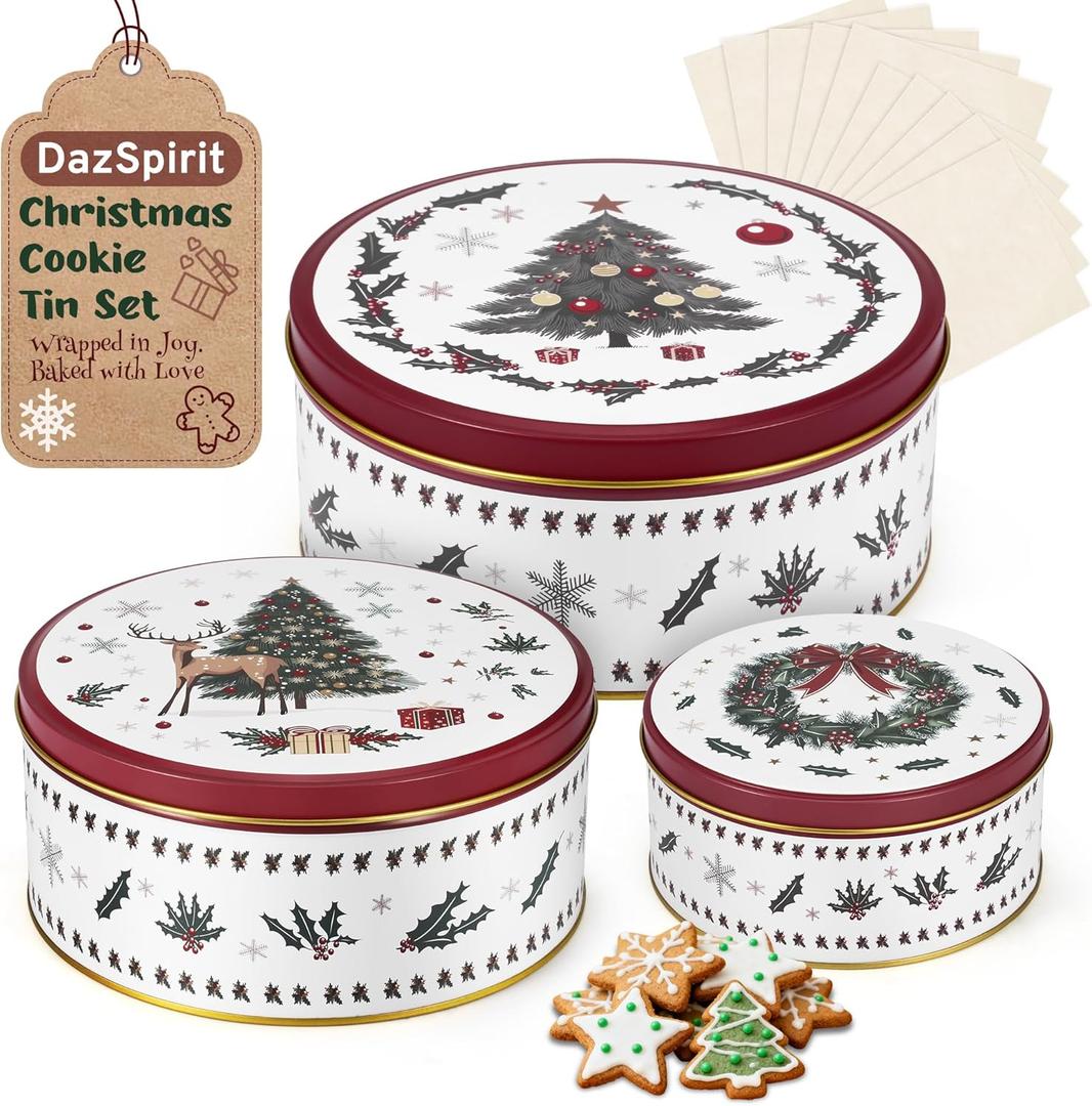 3 Pack Christmas Cookie Tins with 10 Baking Papers, Reusable Nesting Round Metal Cookie Containers with Airtight Lids for Treat Storage & Holiday Gift Giving (Large, Medium, Small)