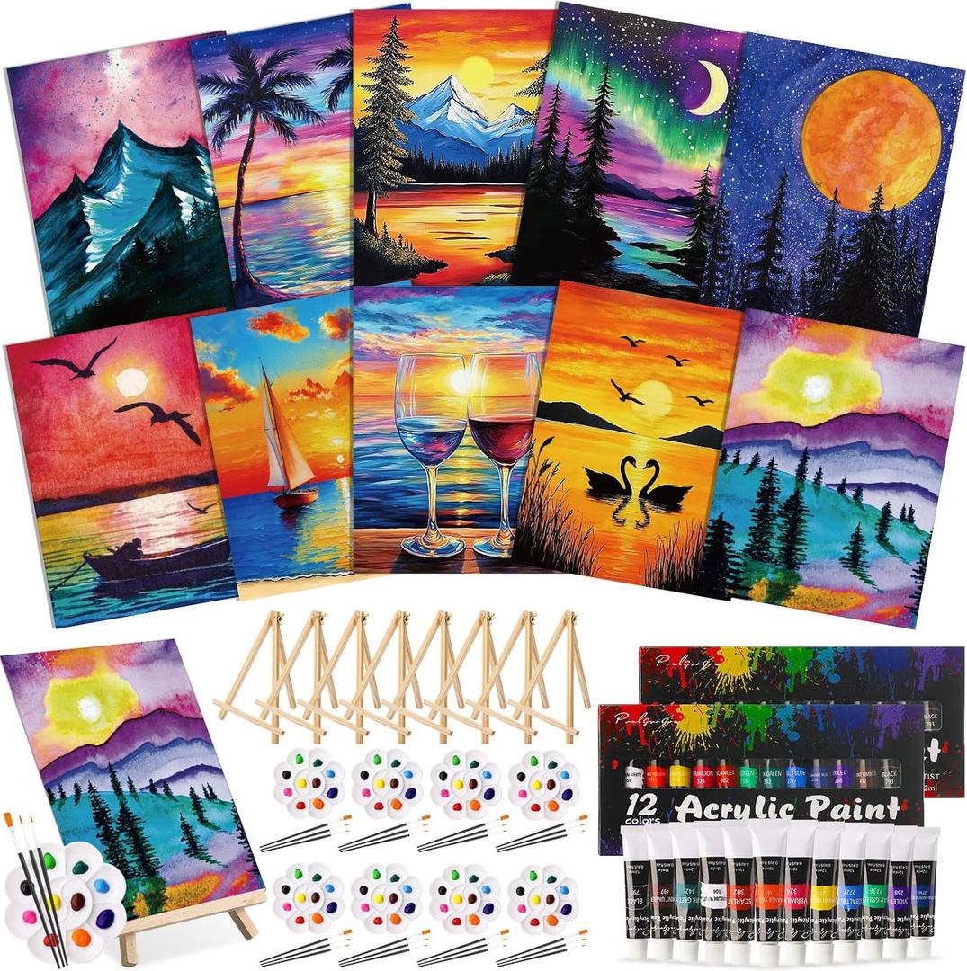 Ctosree 72 Pcs Colorful Sky Paint and Sip Kit for Adults 8'' x 10'' Pre Drawn Canvas for Painting DIY Pre Printed Canvas for Party Favor Afro Acrylic Painting Kit Wood Easel Brushes Date Night Bulk