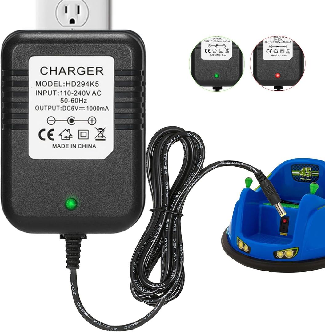 6 Volt Charger for Flybar/Kidzone Bumper CarReplacement Chargers for Kids Ride On Car Toys6V Battery Charger for Ride on with Charging Indicator Light,Input: AC110-240V,Output: 6V 1A