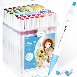 Ohuhu Water-based Markers for Adult Coloring Books No Bleeding 64 Colors Dual Tips Coloring Markers for Kids Adults Beginners Drawing Pens for Journaling Lettering (Brush & Chisel)
