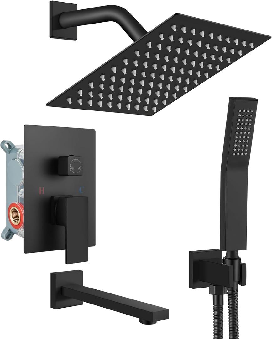 gotonovo Shower System with Tub Spout Wall Mounted Rain Shower Head and Handle Combo Shower Faucet Set with Valve, 8 Inch, Matte Black