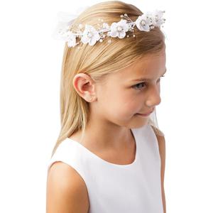 Girls' White Pearl Rhinestone Center Floral Crown First Communion Flower Girl Head Wreath with Veil