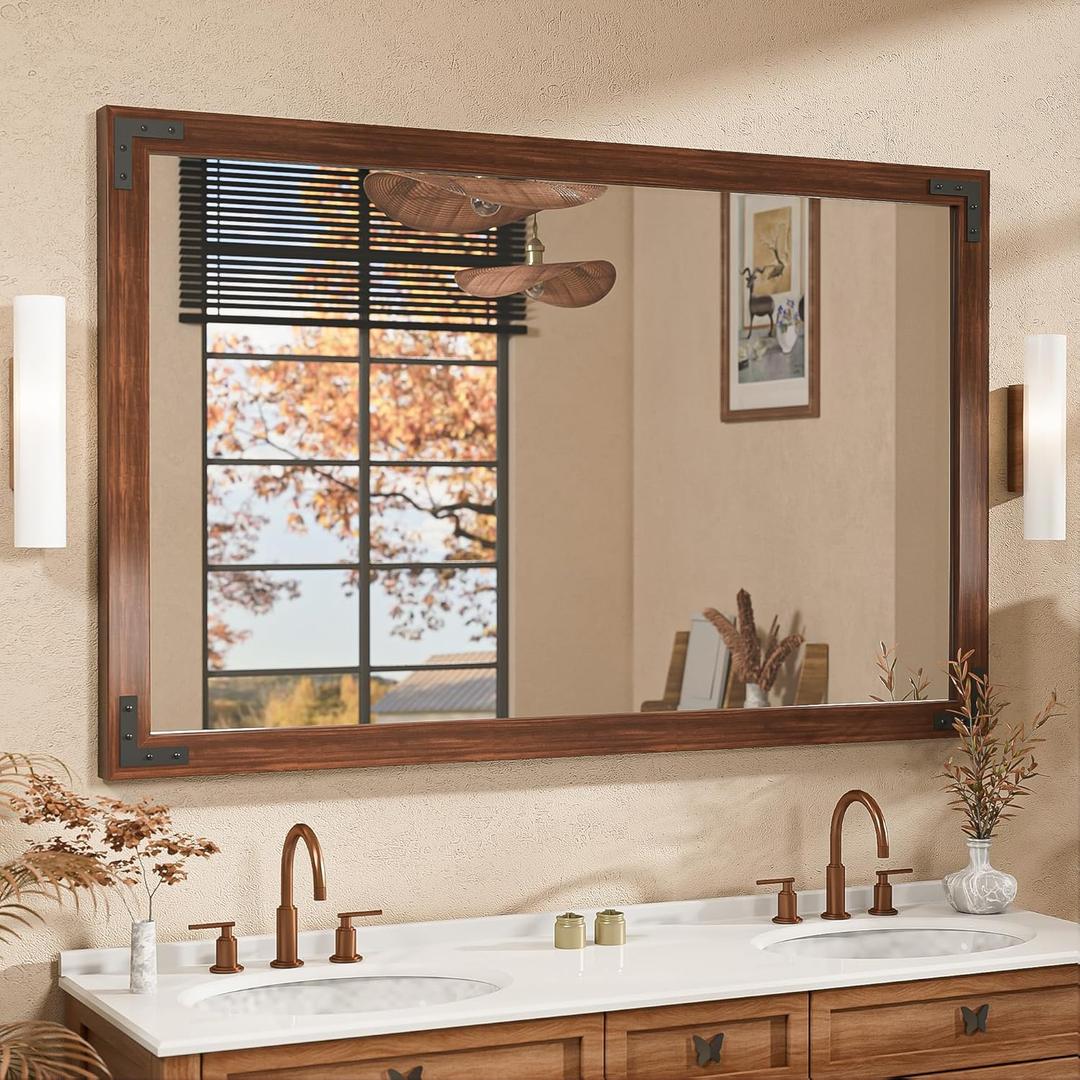 TETOTE 48 x 30 Walnut Wood Mirror for Bathroom Wall/Bedroom/Living Room/Entryway Farmhouse Rustic Wall Mirror Brown Waterproof (Horizontal/Vertical Mounted)