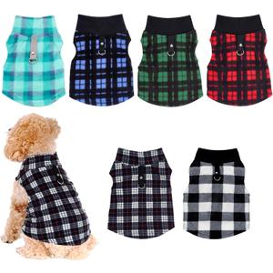 Rbenxia 6 Piece Buffalo Plaid Dog Sweater Set Soft Fleece Vest & Pullover Jacket with Leash Ring for Puppy, Cat Small Dog Pets Warm Winter Outfits (Red, Green, Blue, Black, Bright Blue, Gray, Small)