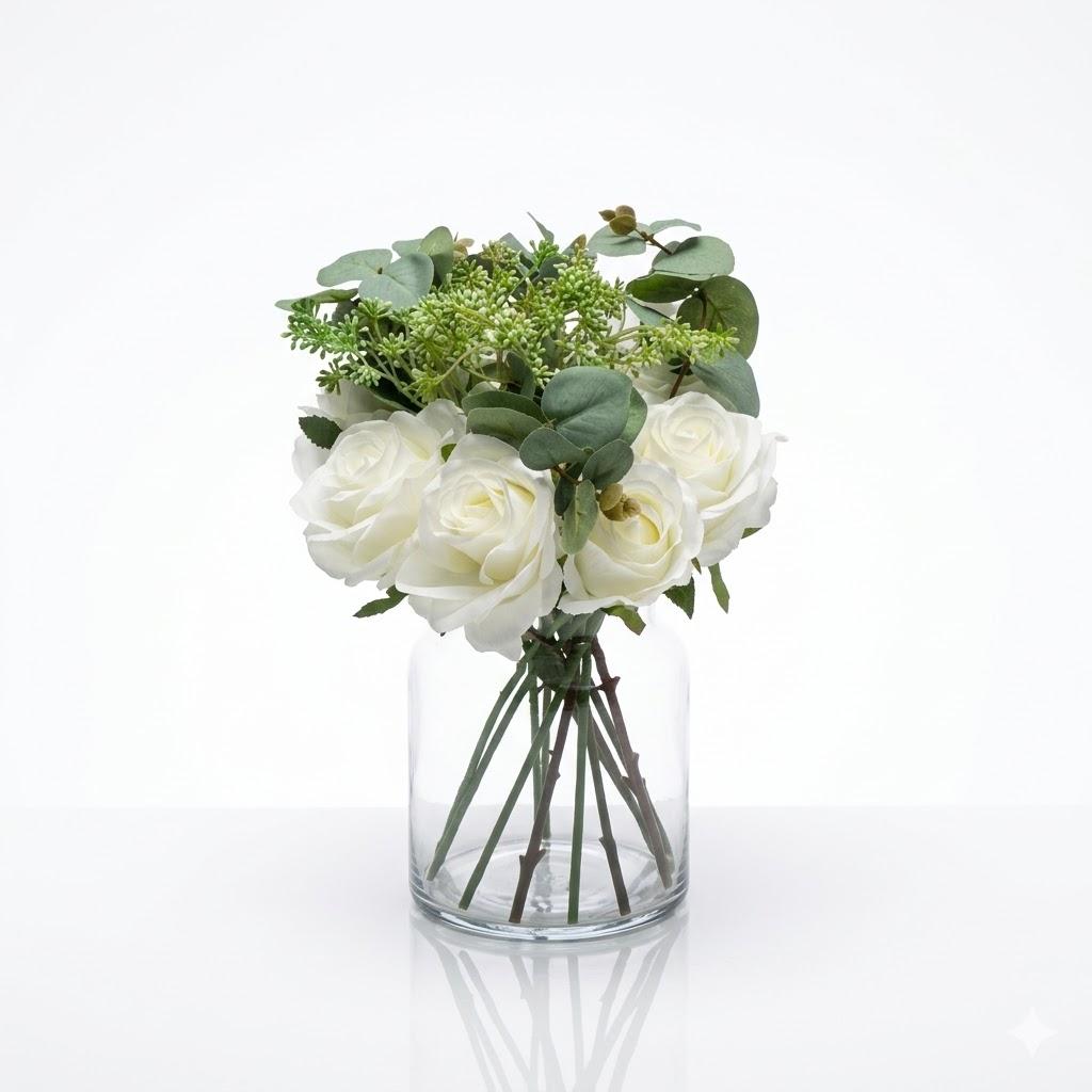 Fake Flowers in Vase with Faux Water - Artificial White Roses & Eucalyptus Arrangement for Farmhouse Dining Table Centerpiece Home Office Coffee Table Decor