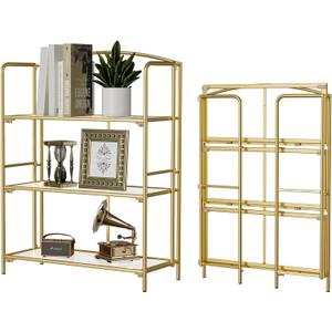 Crofy No Assembly Folding Bookshelf for Living Room, 3 Tier Gold Collapsible Book Shelf for Home Office, Portable Bookcase Storage Organizer, 3 Tier Wider