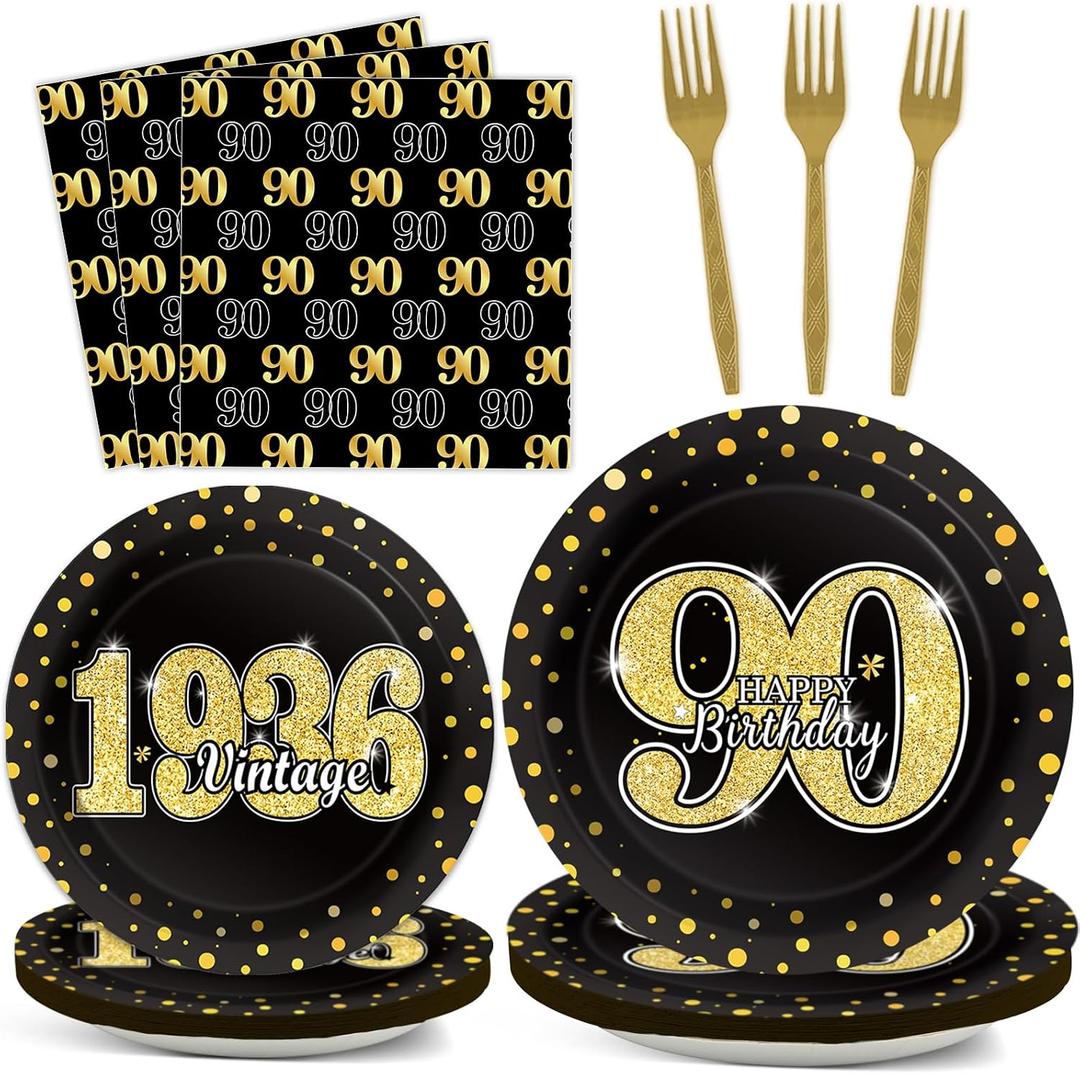 200PCS 90th Theme Birthday Party Tableware Vintage 1936 Party Supplies 90 year old Birthday Party Decorations Plates Napkins Forks Black and Gold Dinnerware Favors for Men or Women